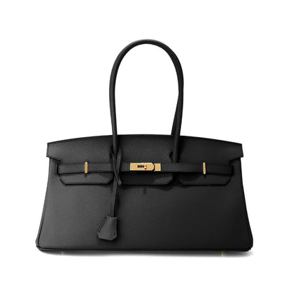 Black Top Grain Leather JPG Birkin Inspired Long Handle Shoulder Bag in 40cm with Gold Hardware and a structured horizontal silhouette.