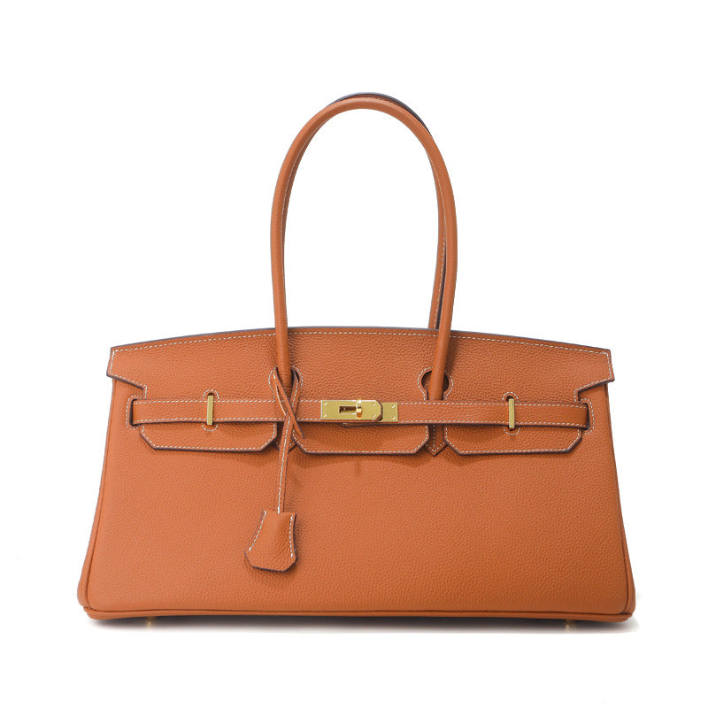 Gold Brown Top Grain Leather JPG Birkin Inspired Long Handle Shoulder Bag in 40cm with Gold Hardware and a structured horizontal silhouette.