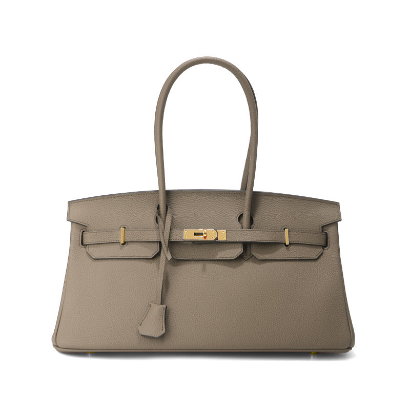 Etaupe Top Grain Leather JPG Birkin Inspired Long Handle Shoulder Bag in 40cm with Gold Hardware and a structured horizontal silhouette.