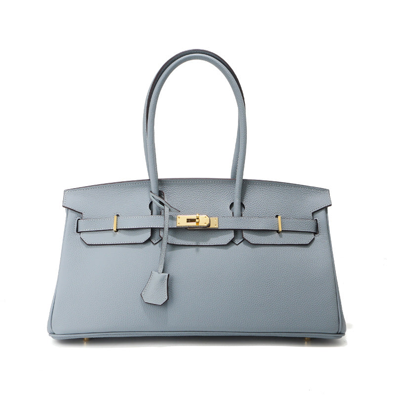 Blue Top Grain Leather JPG Birkin Inspired Long Handle Shoulder Bag in 40cm with Gold Hardware and a structured horizontal silhouette.