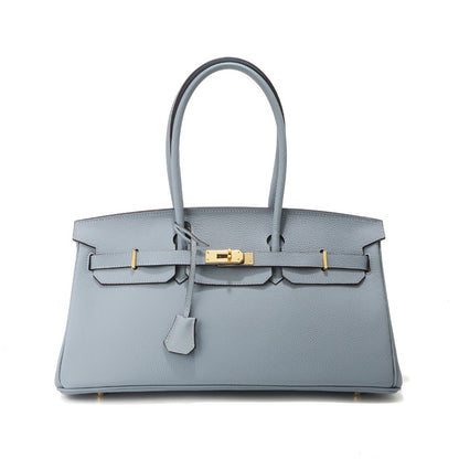 Blue Top Grain Leather JPG Birkin Inspired Long Handle Shoulder Bag in 40cm with Gold Hardware and a structured horizontal silhouette.
