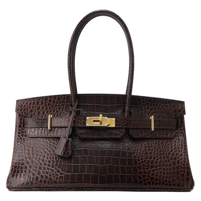 Coffee - Croco Embossed Leather Top Grain Leather JPG Birkin Inspired Long Handle Shoulder Bag in 40cm with Gold Hardware and a structured horizontal silhouette.