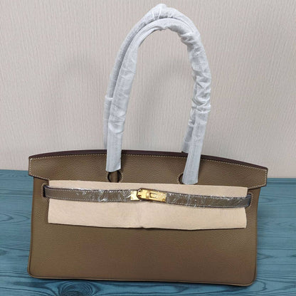 Taupe Top Grain Leather JPG Birkin Inspired Long Handle Shoulder Bag in 40cm with Gold Hardware and a structured horizontal silhouette.