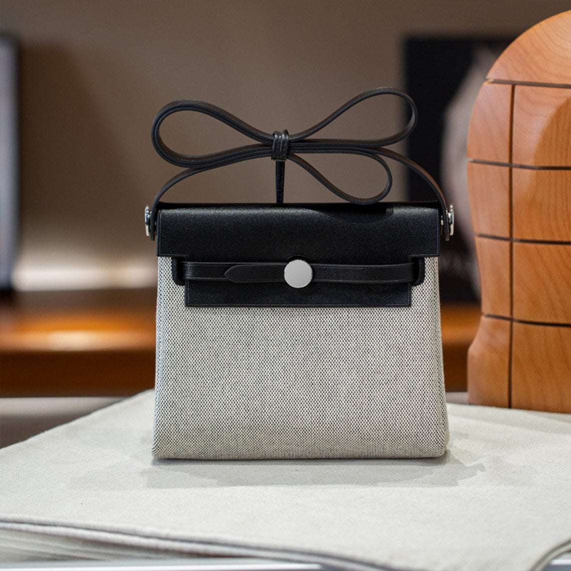 Black Leather Canvas Crossbody Bag Shoulder Bag