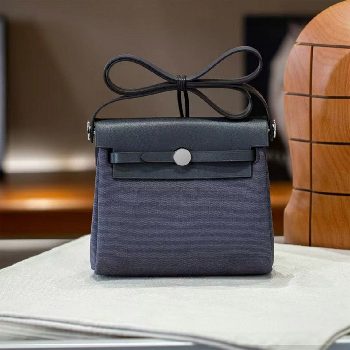 Blue Leather Canvas Crossbody Bag Shoulder Bag