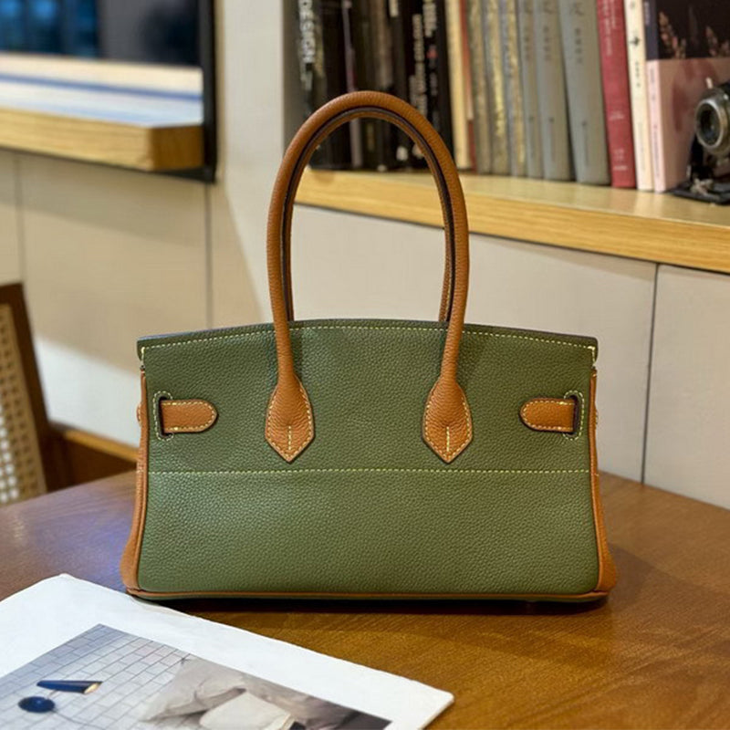 Front view of a Green bi Brown - Golden Hardware JPG Birkin inspired handbag in textured top grain cowhide leather, featuring silver-tone lock closure hardware and a matching clochette.