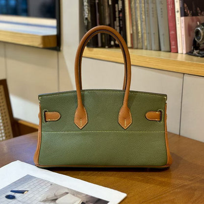 Front view of a Green bi Brown - Golden Hardware JPG Birkin inspired handbag in textured top grain cowhide leather, featuring silver-tone lock closure hardware and a matching clochette.