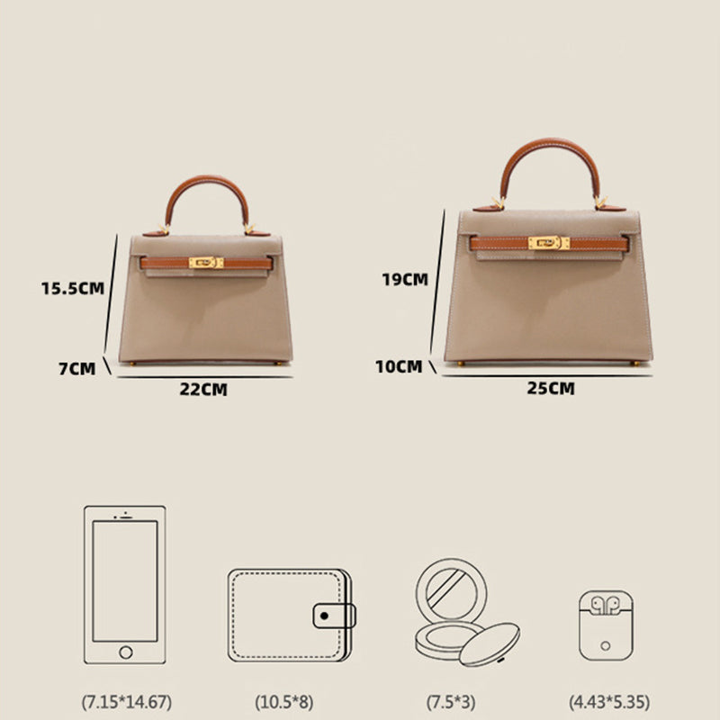 Inspired Kelli bag size chart and capacity guide for 22 cm and 25 cm bi-color handbags.