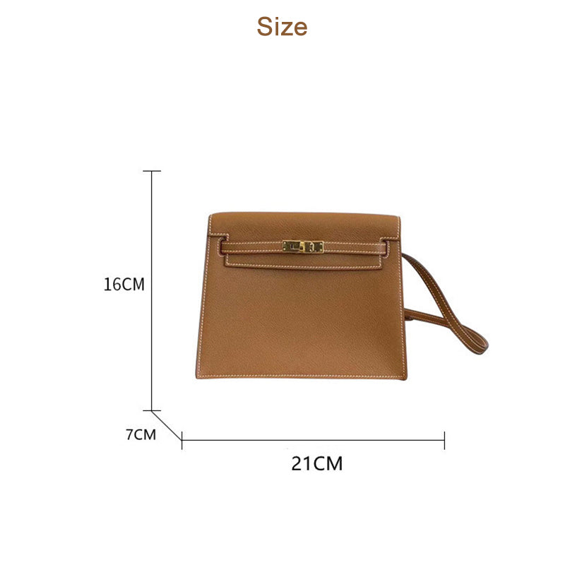 Size guide for the Golden Brown Kelli Danse leather bag, displaying dimensions: 21 cm width, 16 cm height, and 7 cm depth with a detachable strap.