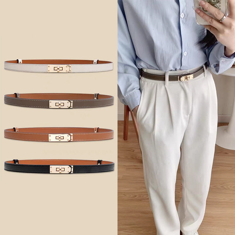 Adjustable Epsom calfskin Kelli belt with golden turn-lock hardware, shown in four colors and styled on white trousers.