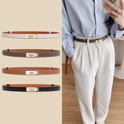 Adjustable Epsom calfskin Kelli belt with golden turn-lock hardware, shown in four colors and styled on white trousers.