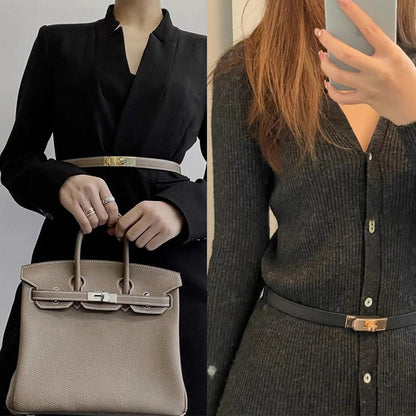 A side-by-side comparison showing a taupe Kelli belt paired with a matching Birkin bag and a black Kelli belt styled over a charcoal knit dress.