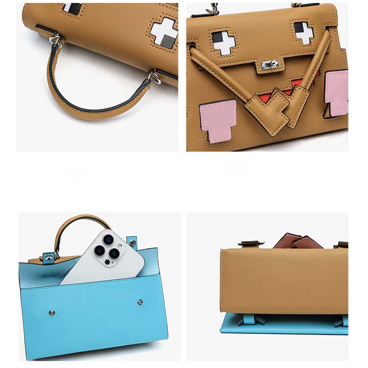 Details of Picto Kelli Doll bag: Epsom leather texture, pixelated face design, turn-lock closure, and spacious blue interior with smartphone for scale.
