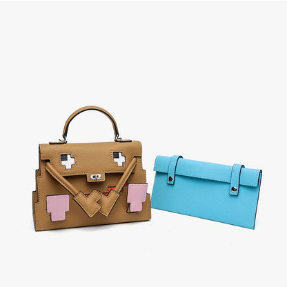 Tan Picto Kelly Doll bag with pixelated face design next to a removable Bleu Celeste Epsom leather backpack.