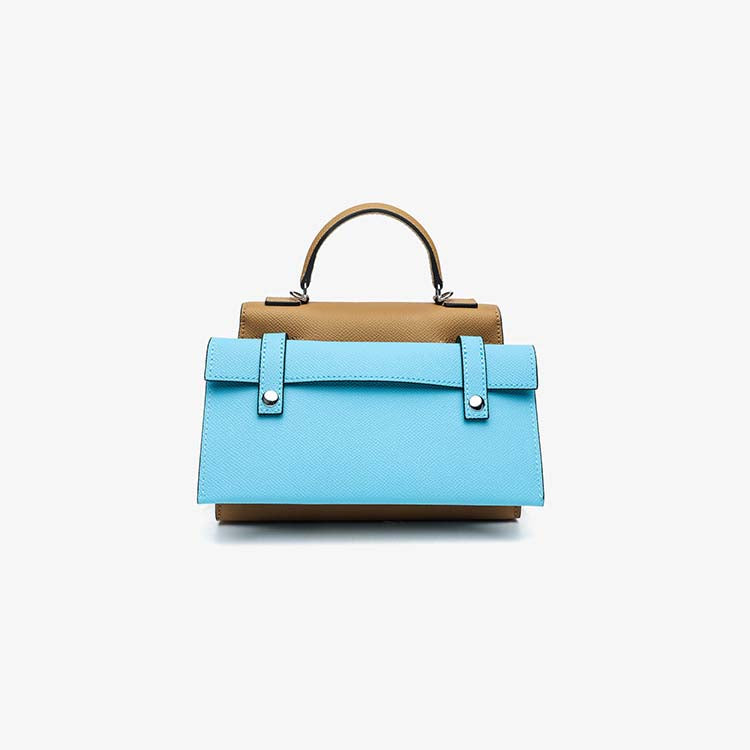 Rear view of tan Picto Kelly Doll bag featuring the detachable Bleu Celeste Epsom leather mini backpack.