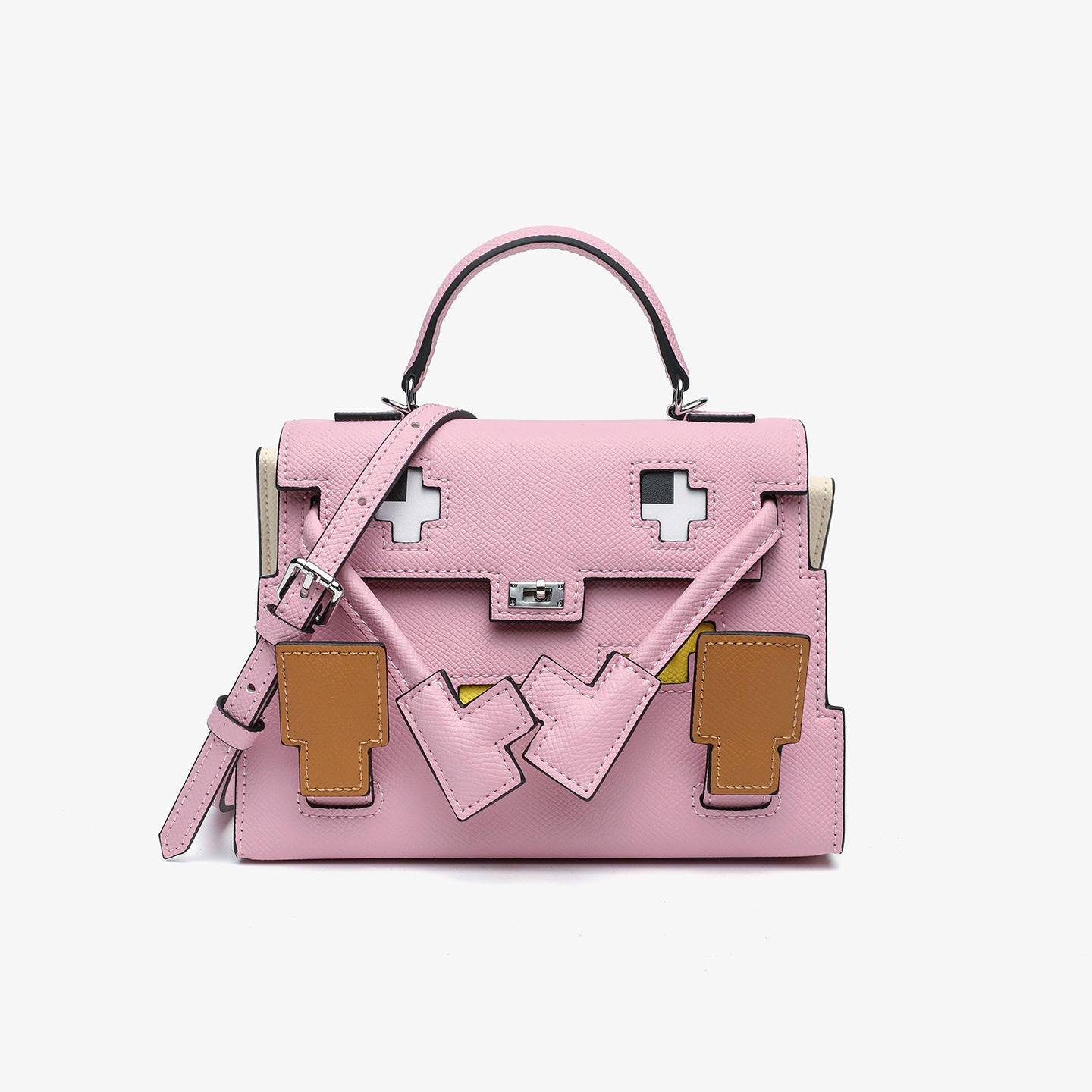 Pink Epsom leather Picto Kelly Doll bag with pixelated face design, tan accents, and a matching top handle.
