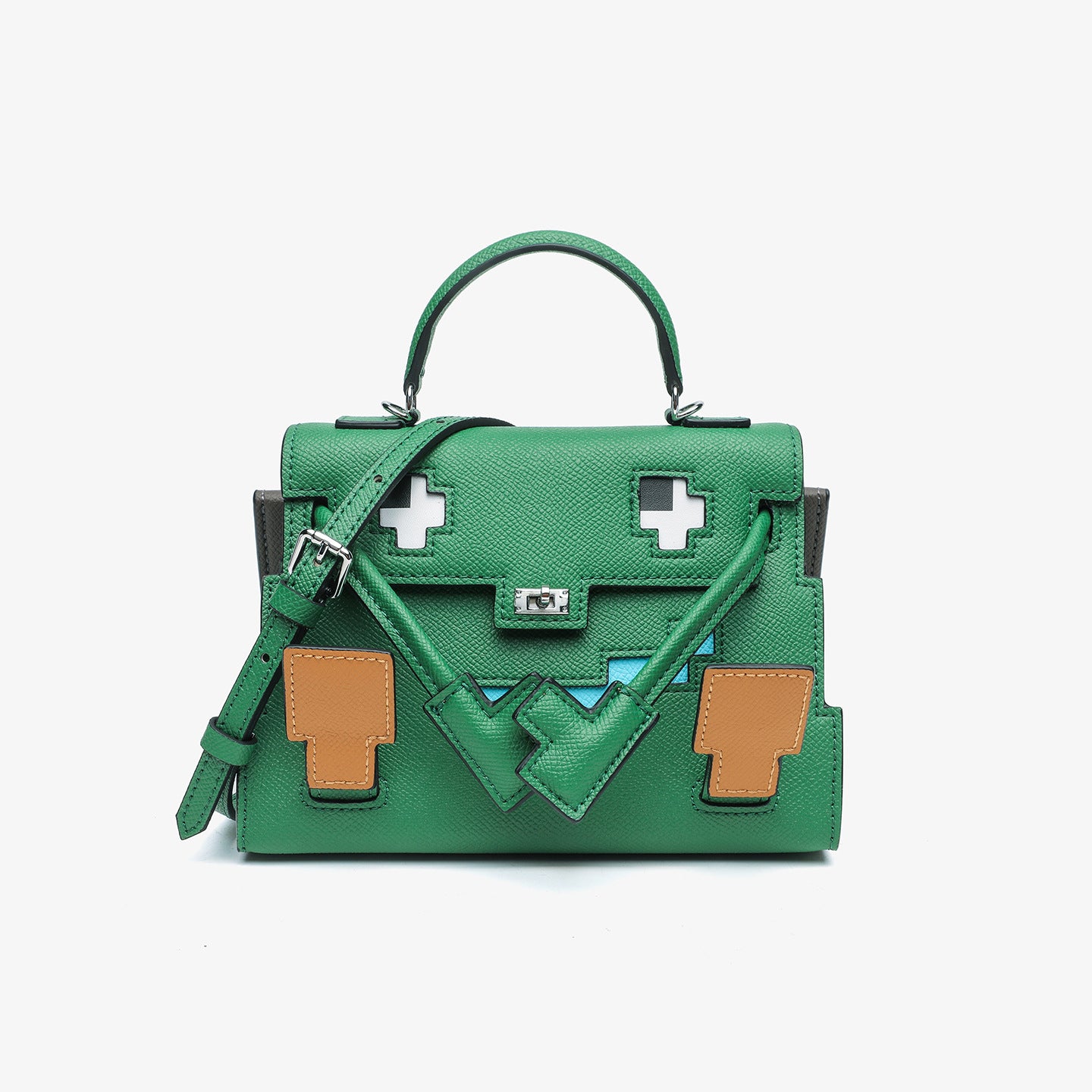 Green Epsom leather Picto Kelly Doll bag with pixelated face design, tan accents, and a matching shoulder strap.