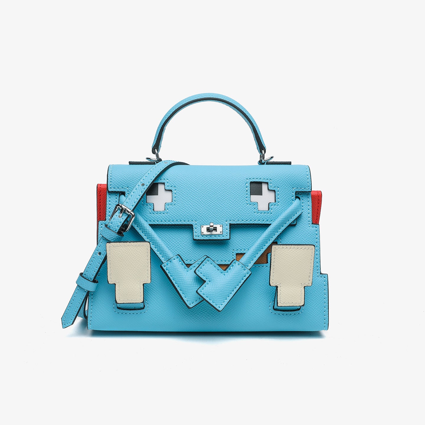 Sky Blue Epsom leather Picto Kelly Doll bag with pixelated face design, tan accents, and a matching shoulder strap.
