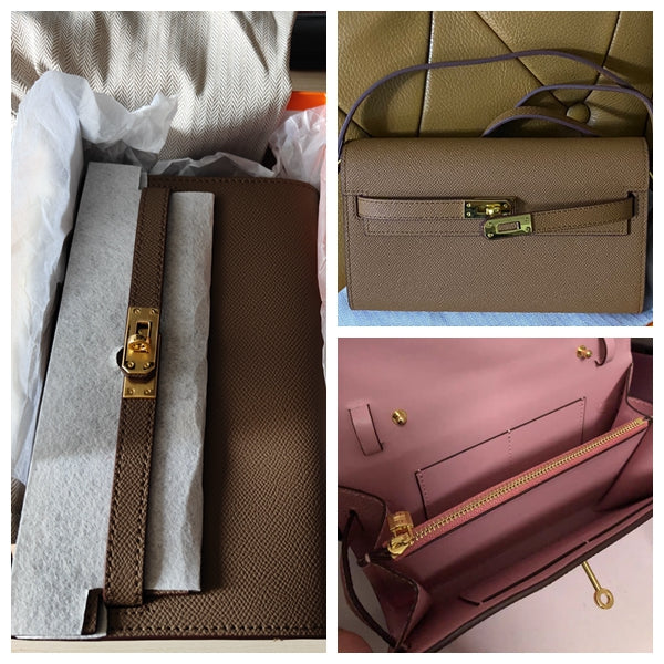 A collage of a Khaki inspired Kelly to go wallet in cowhide leather, showing the boxed product, the front view with golden hardware, and a surprise pink leather interior with a zippered pocket.