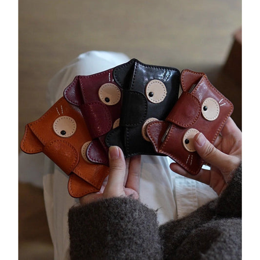 Cute Cat Design Card Holder | Handmade Leather Wallets