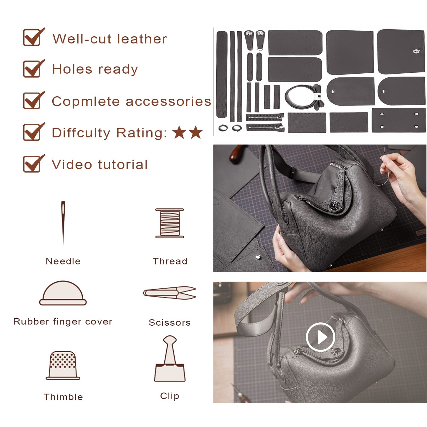 HANDSEWGIFT Top Grain Leather Lindi Handbag DIY Kit