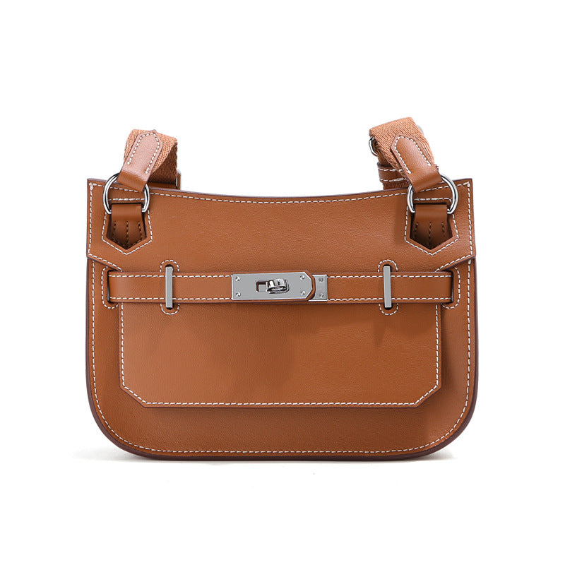 Front view of a Golden Brown leather Gypsy shoulder bag with white contrast stitching and a polished silver-tone turn-lock clasp.