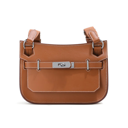 Front view of a Golden Brown leather Gypsy shoulder bag with white contrast stitching and a polished silver-tone turn-lock clasp.