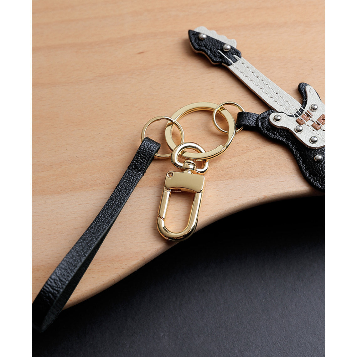 Handmade Leather Guitar Keychain with Gold Hardware