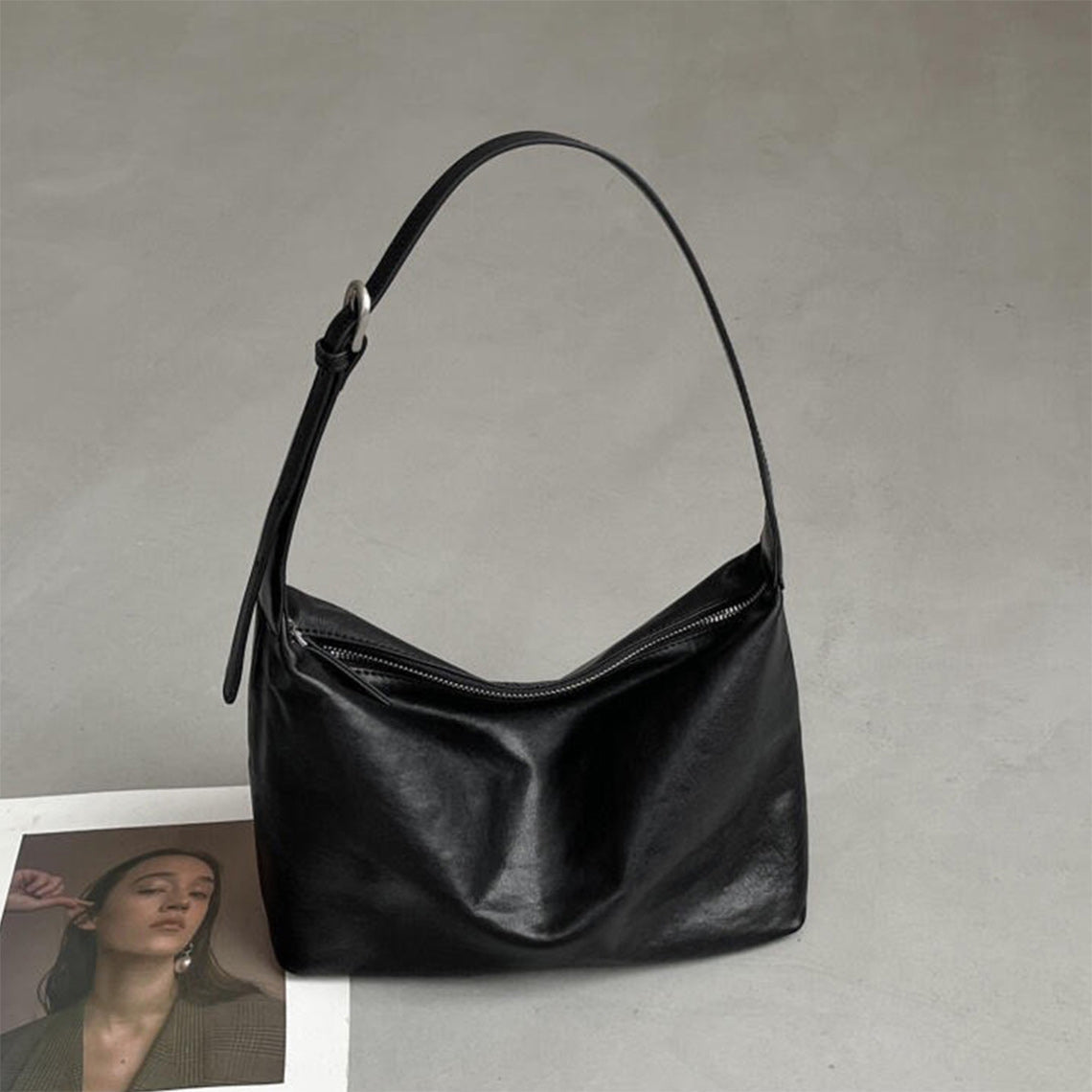 Black Leather Slouchy Shoulder Bag | Minimalist Casual Style Bags