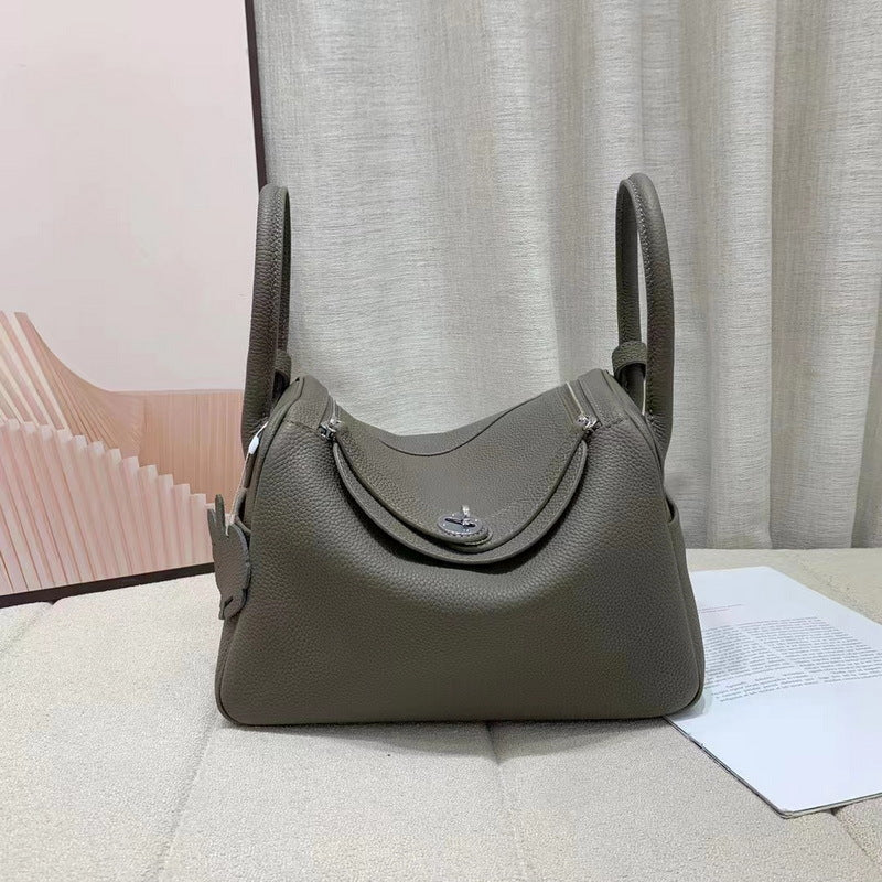 Taupe grey top grain leather Lindy bag with silver hardware