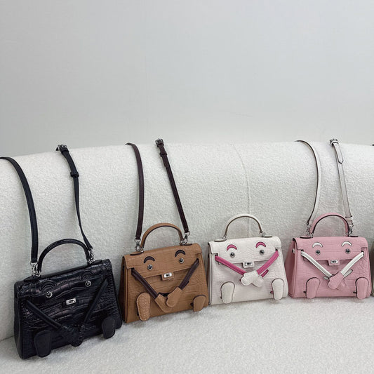 Inspired Kelli Doll mini bag with luxury croc-embossed leather and quirky face design.