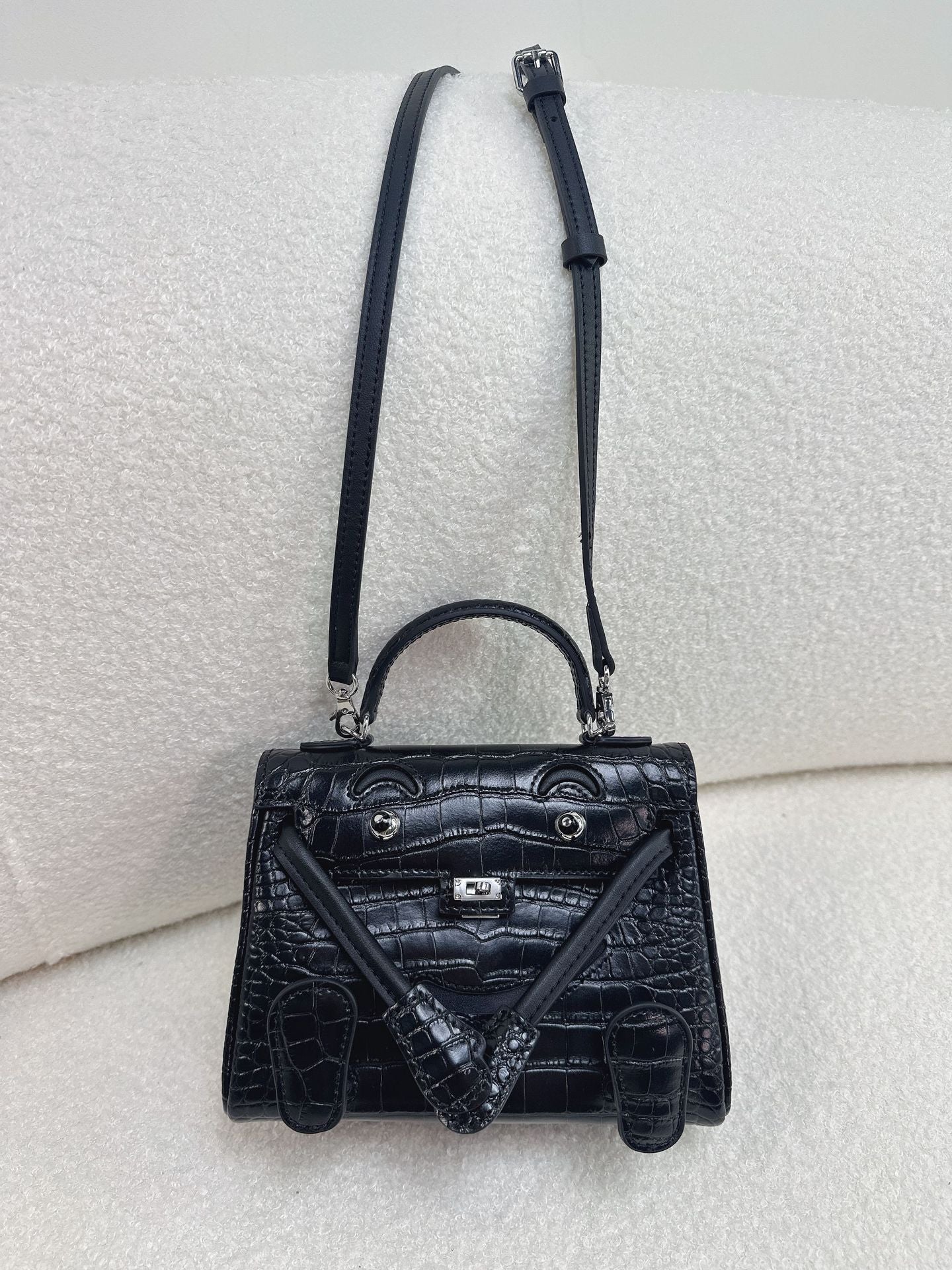  Mini Quelle Idole inspired crossbody bag in premium black croc-embossed leather.