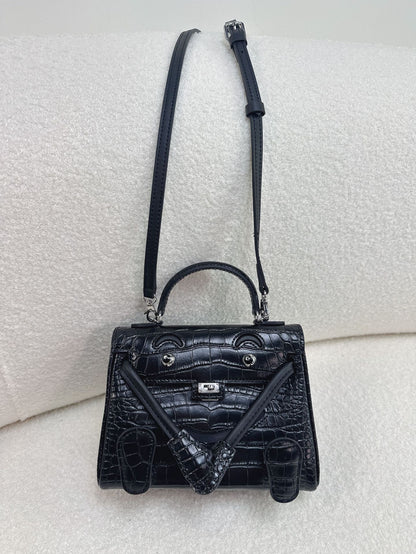  Mini Quelle Idole inspired crossbody bag in premium black croc-embossed leather.