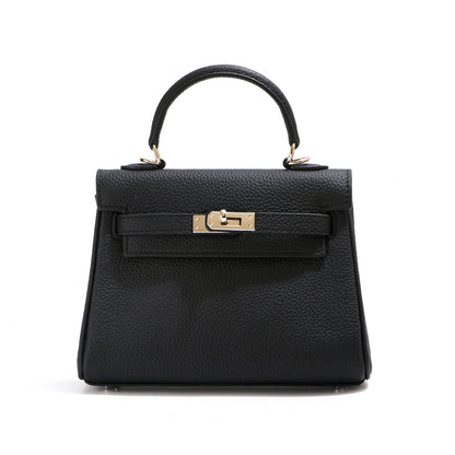 Front view of a black mini Kelli handbag in premium pebbled leather with elegant gold hardware.
