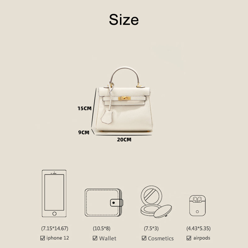 Size guide for the mini Kelli handbag (20 cm x 15 cm x 9 cm) showing capacity for iPhone 12, wallet, cosmetics, and Air Pods.