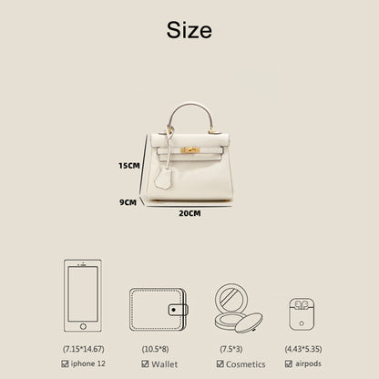 Size guide for the mini Kelli handbag (20 cm x 15 cm x 9 cm) showing capacity for iPhone 12, wallet, cosmetics, and Air Pods.