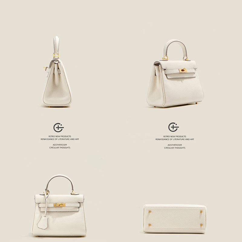 Comprehensive multiple views of a white mini Kelli handbag showing the front, side, bottom, and profile angles.