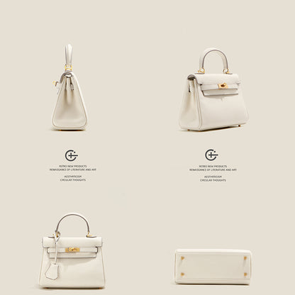 Comprehensive multiple views of a white mini Kelli handbag showing the front, side, bottom, and profile angles.