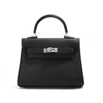 Front view of a black mini Kelli handbag in top grain pebbled leather with sleek silver hardware.