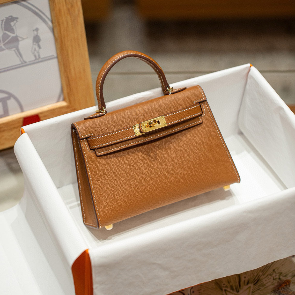 Classic gold brown leather Mini handbag with gold hardware