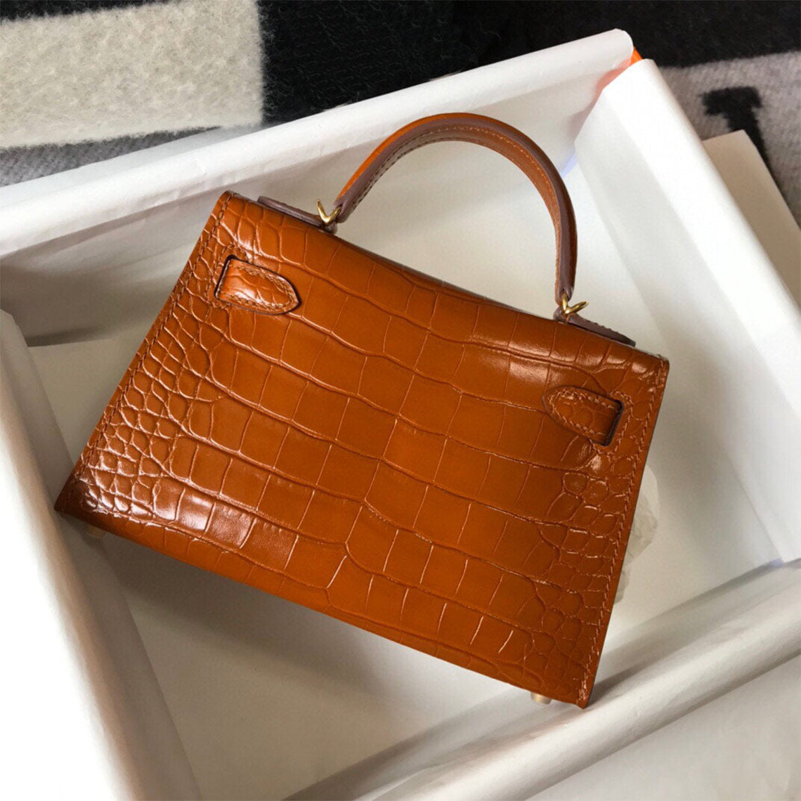 Gold Brown croc embossed leather mini Kelly handbag with gold-tone lock and top handle, luxury inspired trendy small tote.