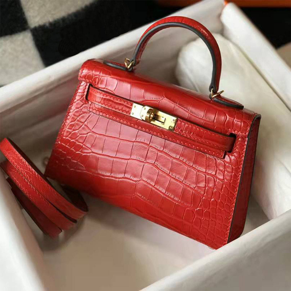 Red croc embossed leather mini Kelly bag with gold lock and top handle, luxury inspired small handbag.
