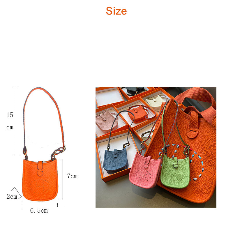 Mini Eveline leather bag charm and AirPods holder size guide with colorful options