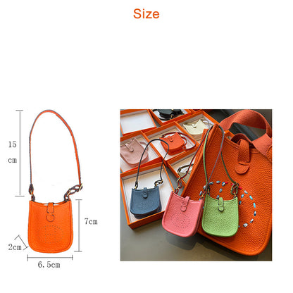 Mini Eveline leather bag charm and AirPods holder size guide with colorful options