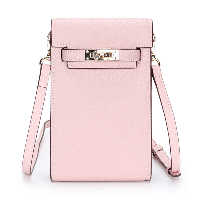 Rose Sakura genuine leather mini phone bag with Kelly-style gold lock and adjustable crossbody strap.