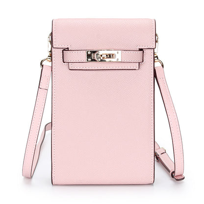 Rose Sakura genuine leather mini phone bag with Kelly-style gold lock and adjustable crossbody strap.
