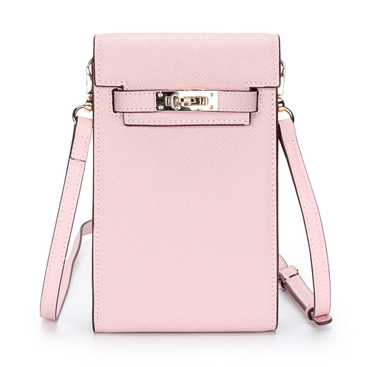 Rose Sakura genuine leather mini phone bag with Kelly-style gold lock and adjustable crossbody strap.
