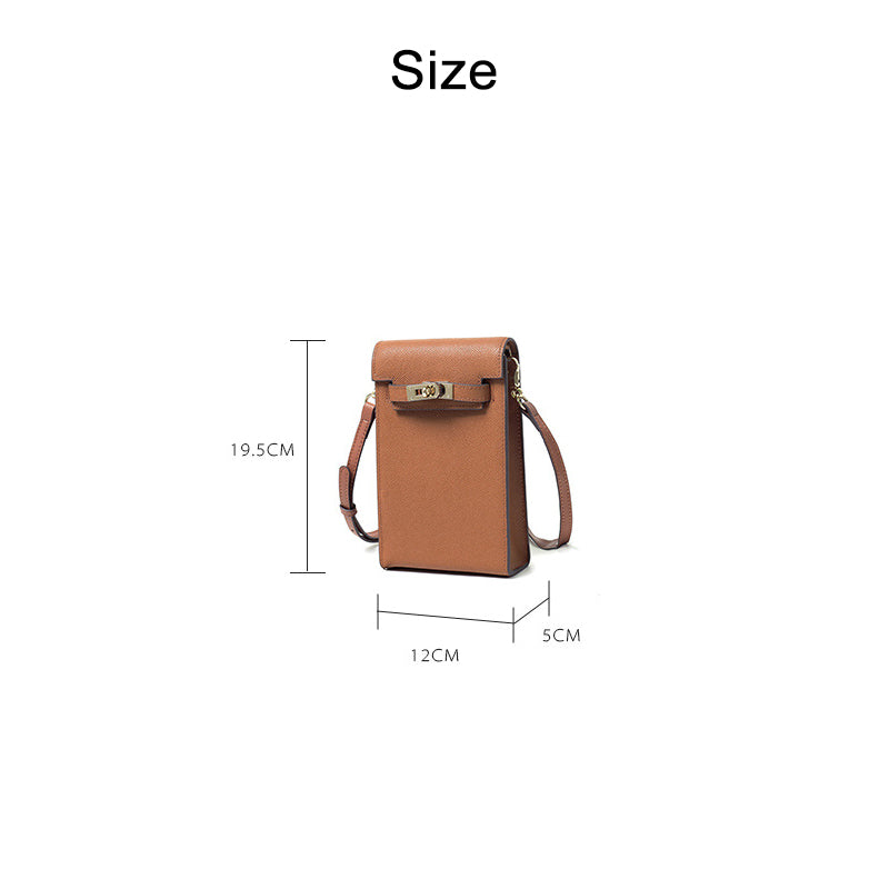 Size chart of Gold Brown genuine leather mini phone bag showing dimensions 19.5 cm height, 12 cm width, and 5 cm depth.
