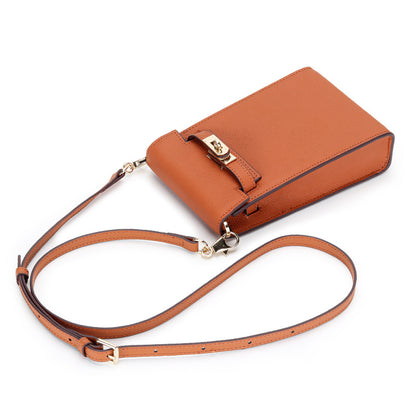 Side view of Gold Brown genuine leather mini phone bag with Kelly-style gold lock and adjustable shoulder strap.
