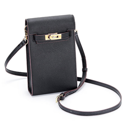 Black genuine leather mini phone bag with gold-tone Kelly lock and long crossbody shoulder strap.